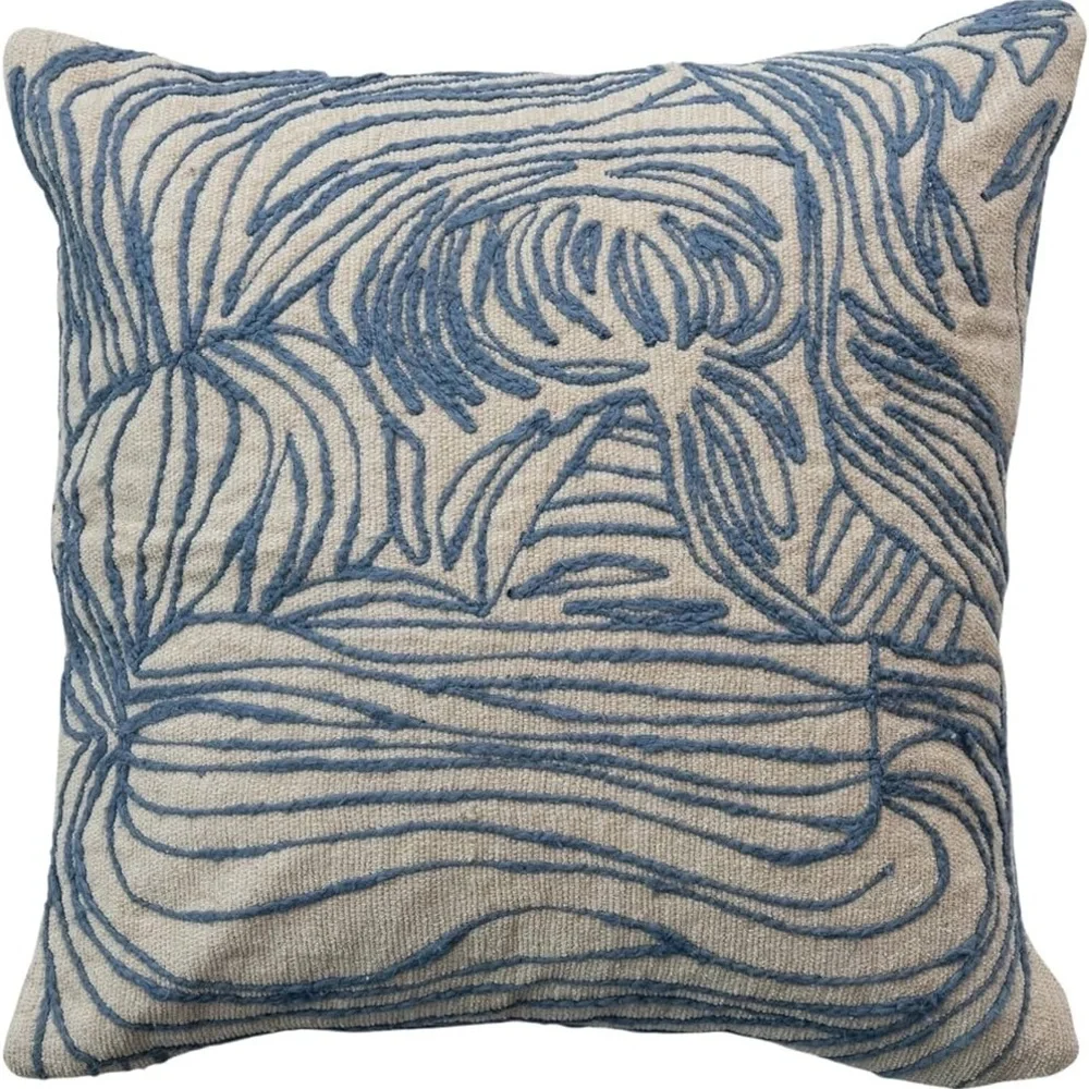 Bloomingville, Natural and Blue Azure Lines Embroidered Cotton Pillow 20 x 20”